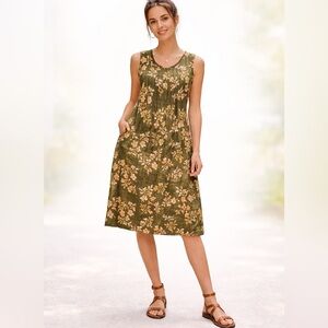 Sonoma Olive Green Floral Sleeveless Pintuck Midi Dress Boho Cottagecore M